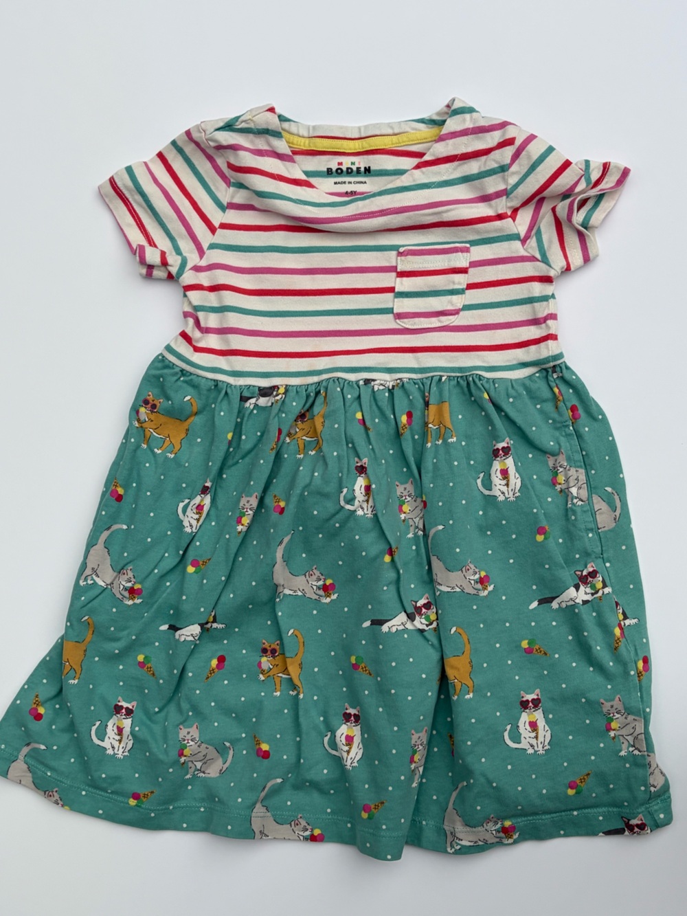 Mini Boden Teal Cat Print Dress with Pink & Red Striped Top